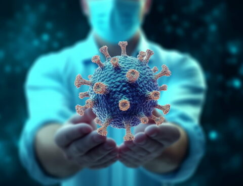 A healthcare worker presenting a large, detailed model of a virus