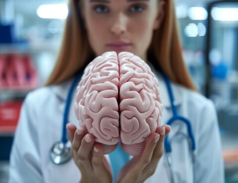 A medical professional holding a model of the human brain