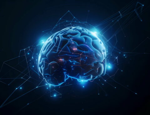 human brain with blue highlights on a black background