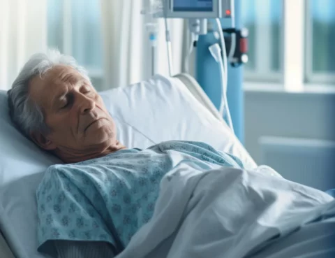 An elderly man lying in a hospital bed