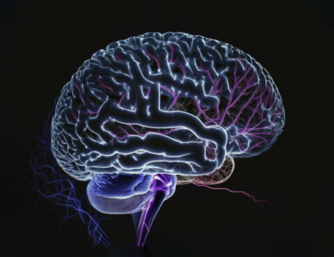 Neon-lit brain with purple highlights