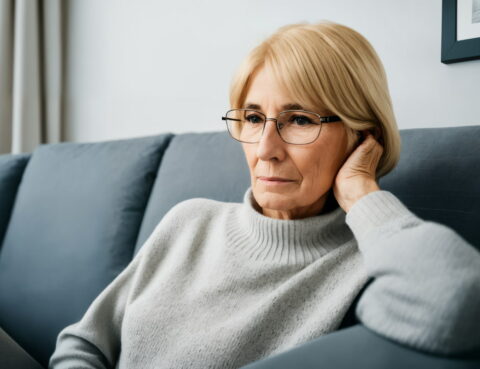 Pensive elderly woman on couch