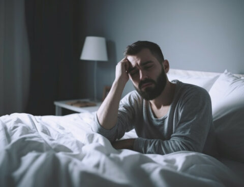 Man with insomnia sitting in bed